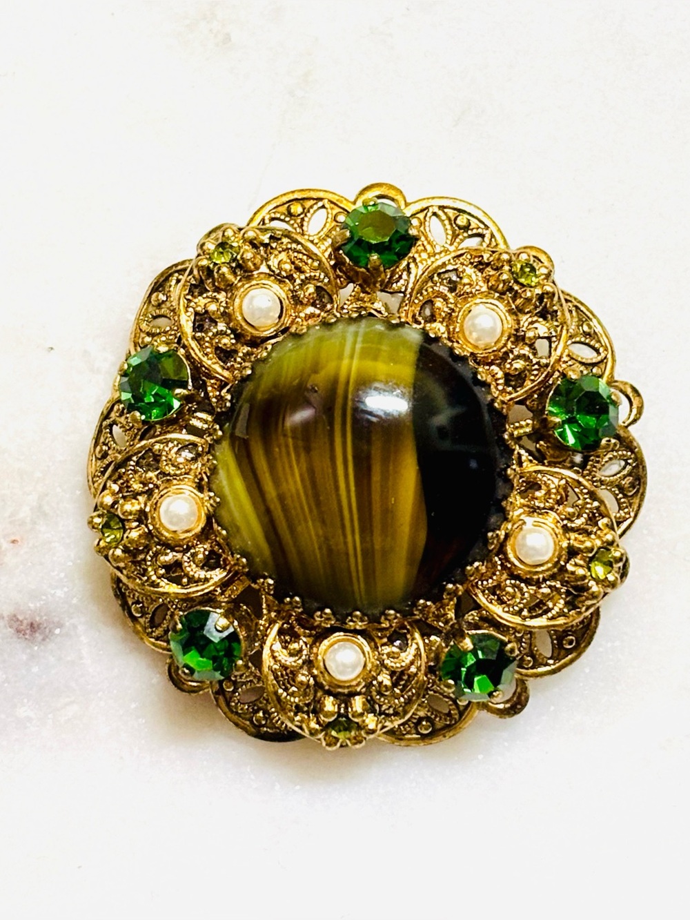 Western Germany Gold Tone Brooch with Green Tigers Eye Cabochon and Pearls